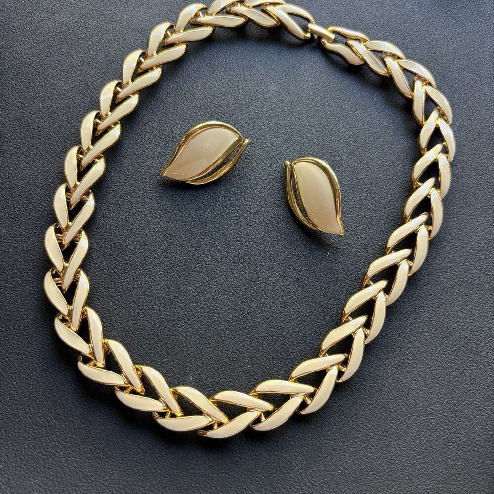 Vintage Napier Monet Gold Tone Ivory Enamel Necklace Clip Earrings Demi Set